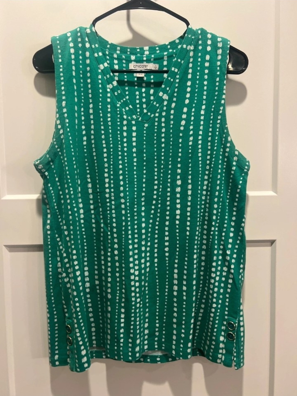 Chico's Teal Sleeveless V-Neck Tank with White Dot Stripe